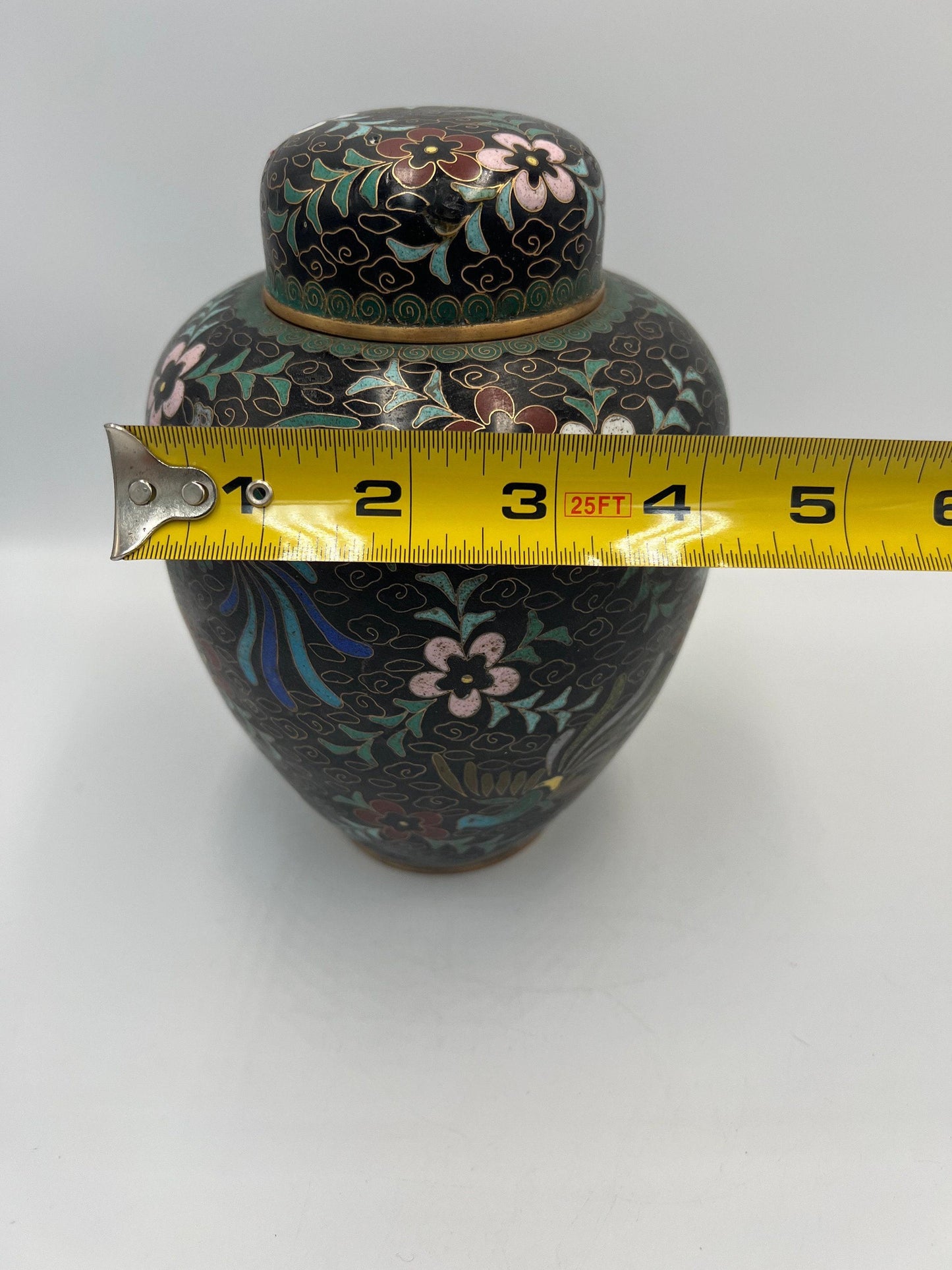 Asian Cloissone Black Ginger Jar with Floral Phoenix Design