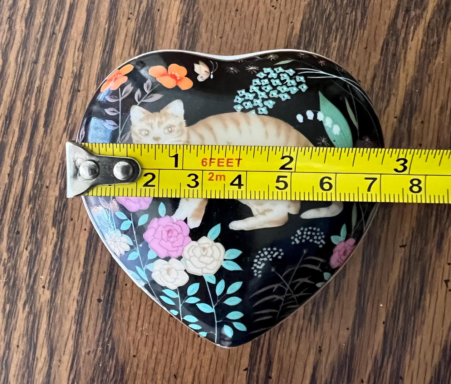 Vtg. Retro Ceramic Cat Trinket Heart Shaped Jewellery Box Tabby Cat Made In Japan 1970's-1980's
