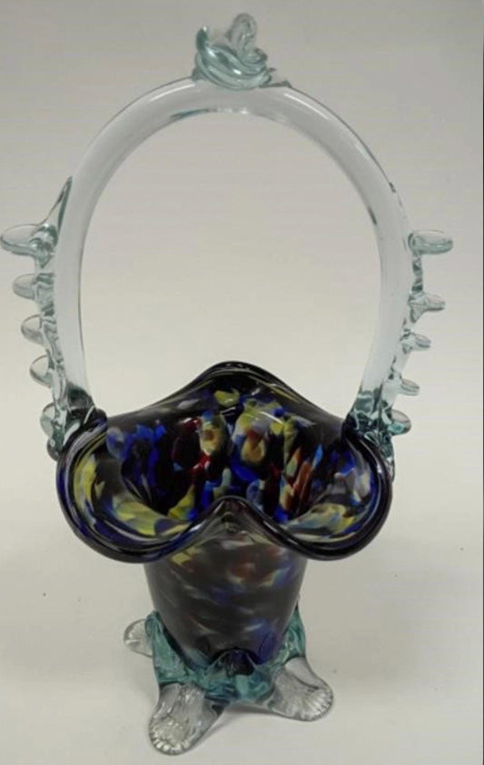 Art Glass Basket: Vintage Murano Style - Handblown with Colorful Spatter