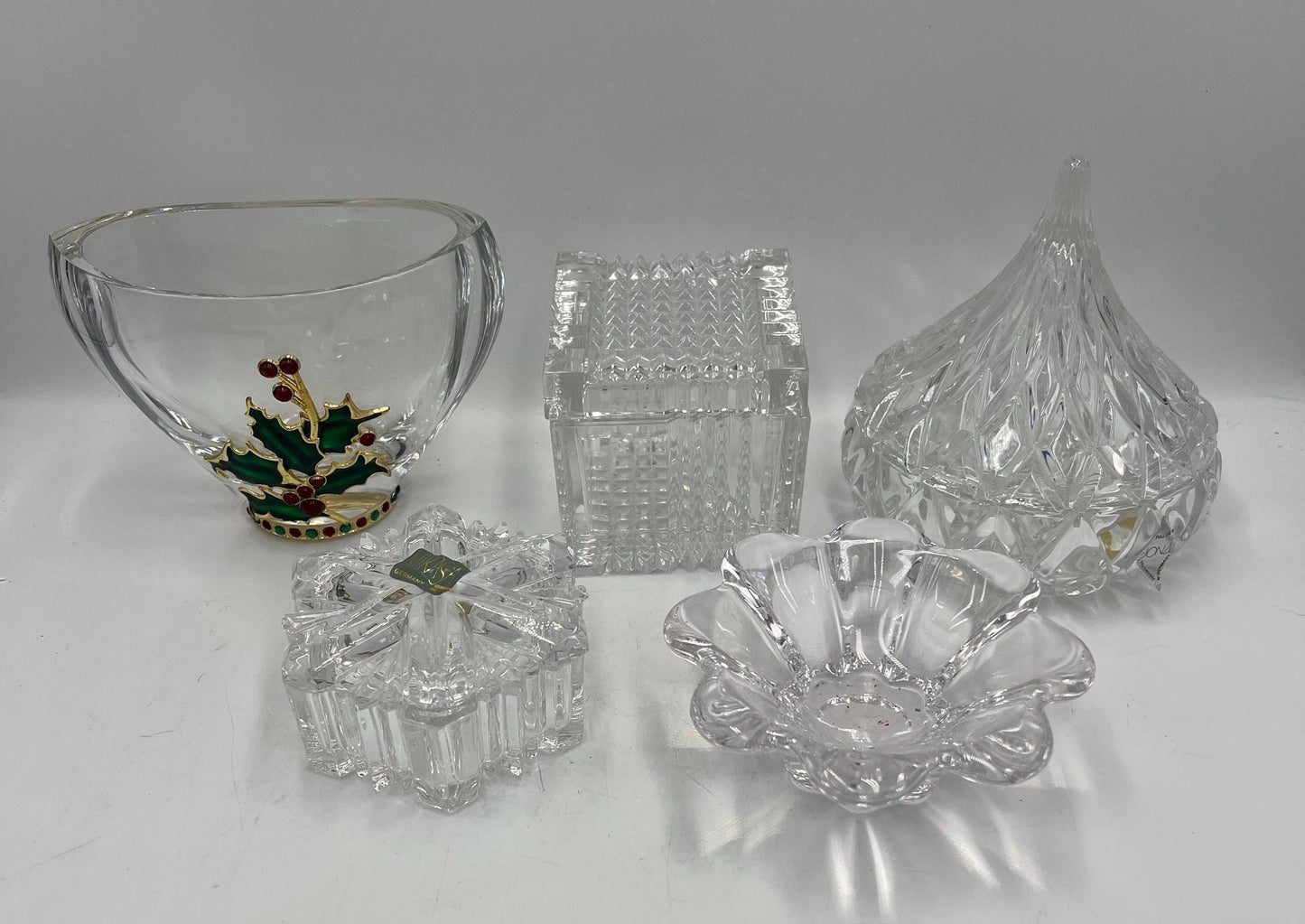 Art Glass - Mikasa Dish - Jonal Hershey Kiss - Holiday Teleflora Dish - Snowflake - Zinnia Petal - Cube