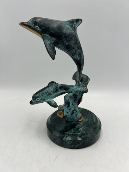 Dolphin Metal Figurine on Marble Base: Vintage Art Pottery