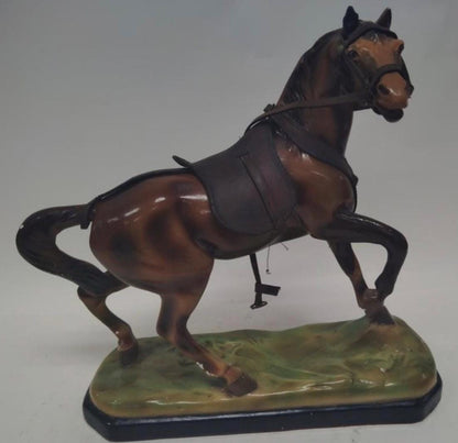 1950s Plaster Horse Sculpture - Rustic Leather Accents