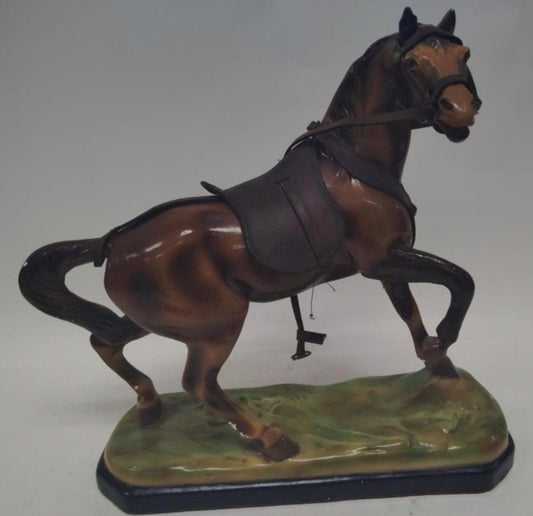 1950s Plaster Horse Sculpture - Rustic Leather Accents