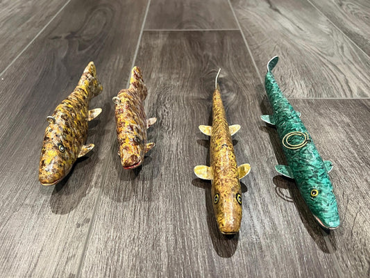 Vintage Hand-Carved Wooden Fish Decoys  Signed JH | Folk Art Ice Fishing Lures | Rustic Cabin, Lodge, Nautical Decor. 2 Pairs Available