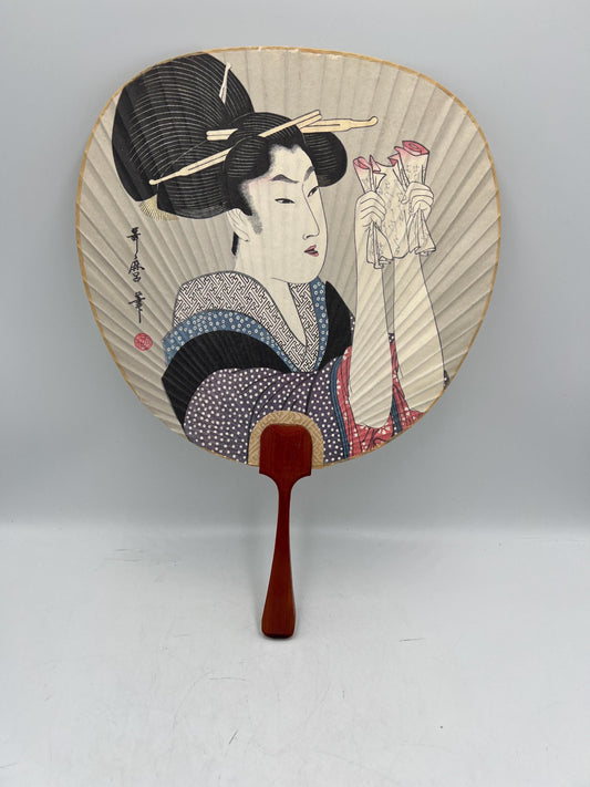 Vintage Japanese Uchiwa Paper Hand Fan with Bamboo Handle