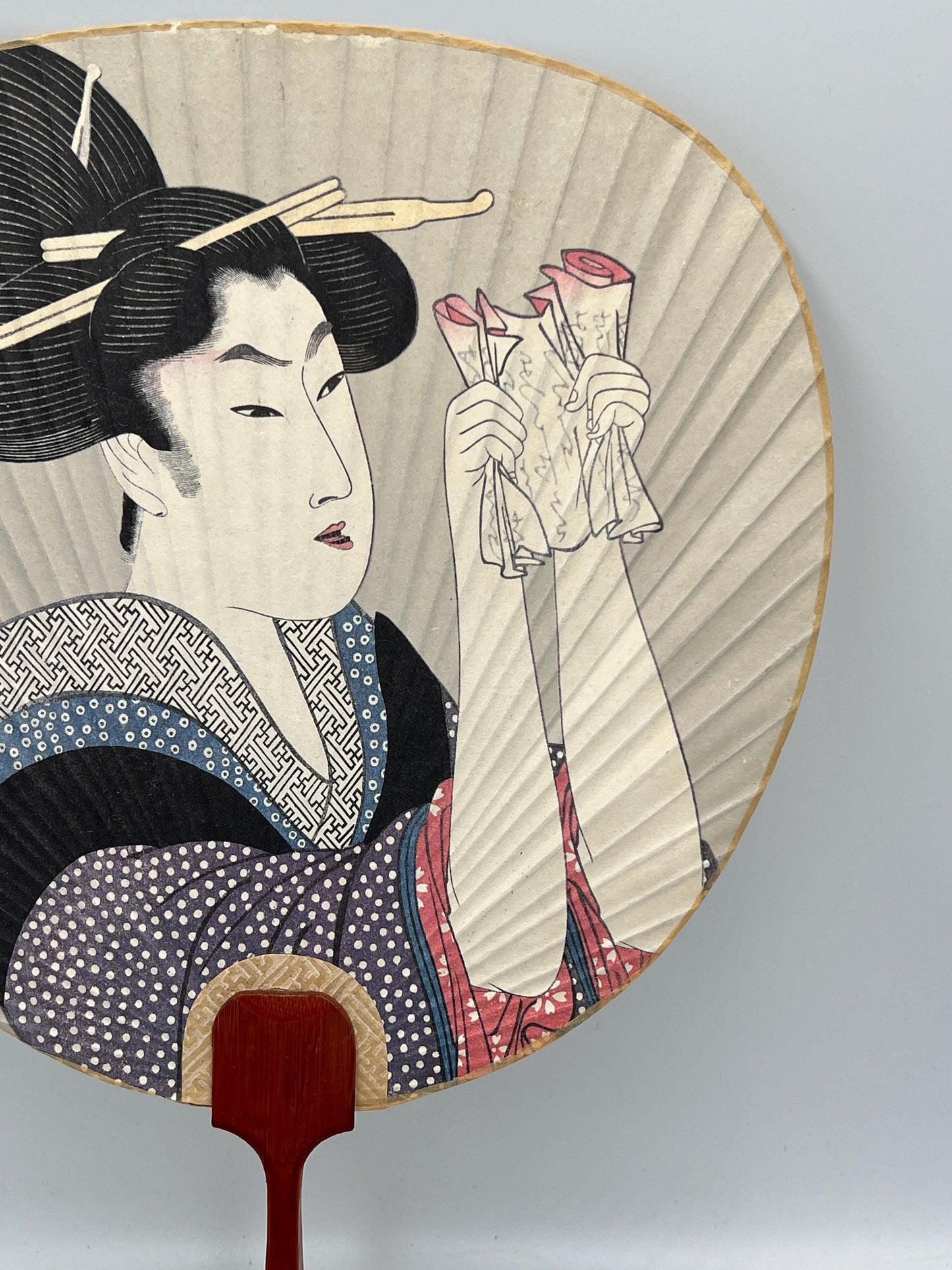 Vintage Japanese Uchiwa Paper Hand Fan with Bamboo Handle