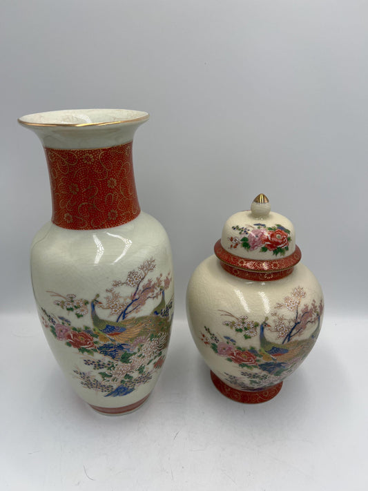 Vintage Japanese Satsuma Peacock Vase & Ginger Jar Set | Hand-Decorated Porcelain | Mid-Century Japan Decor
