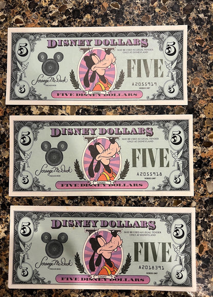 DISNEY Dollars - Huge Variety Available - Ten Dollars - Five - One - Being Sold as Individual Bills