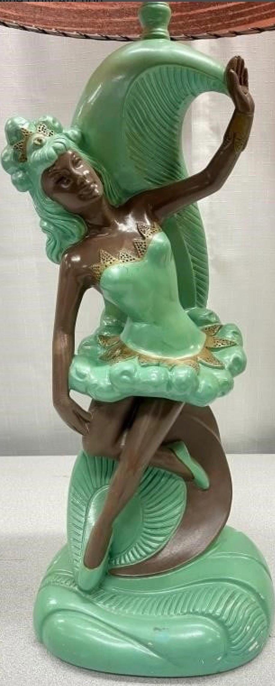 Figural Table Lamp: Green Fairy Style - Mid Century Chalk Ware