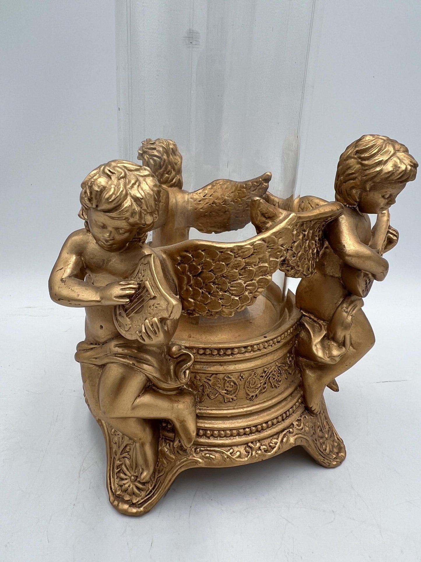 Ornate Telefora Gold Tone Syroco Resin Cherub Angel Designs Glass Globe Candle Holder
