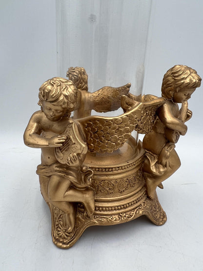 Ornate Telefora Gold Tone Syroco Resin Cherub Angel Designs Glass Globe Candle Holder