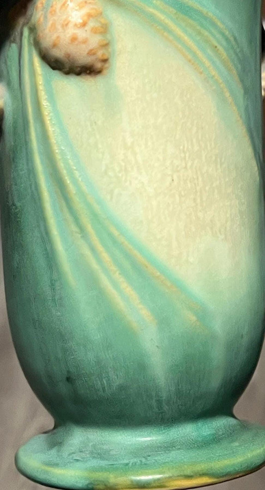 Roseville Green Pinecone, 1936 Vintage Art Pottery, Ceramic Double Handled Vase 838-6
