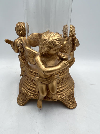 Ornate Telefora Gold Tone Syroco Resin Cherub Angel Designs Glass Globe Candle Holder