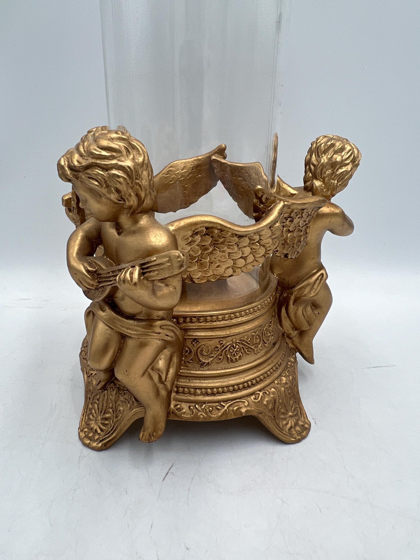 Ornate Telefora Gold Tone Syroco Resin Cherub Angel Designs Glass Globe Candle Holder
