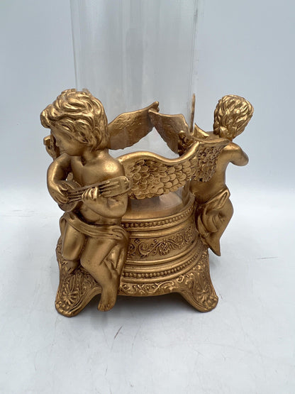 Ornate Telefora Gold Tone Syroco Resin Cherub Angel Designs Glass Globe Candle Holder