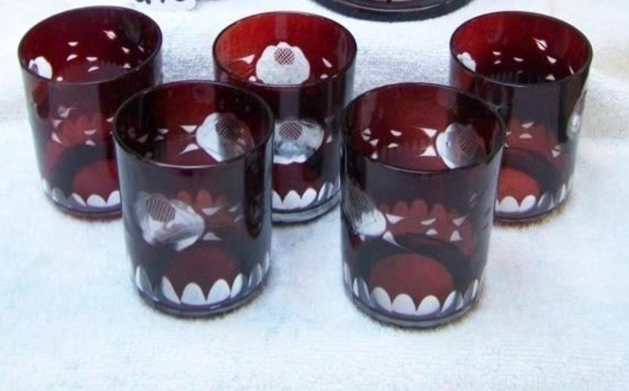 Ruby Red Bohemian Glass Pitcher Set: Cut to Clear with 6 Glasses