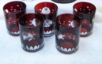 Ruby Red Bohemian Glass Pitcher Set: Cut to Clear with 6 Glasses