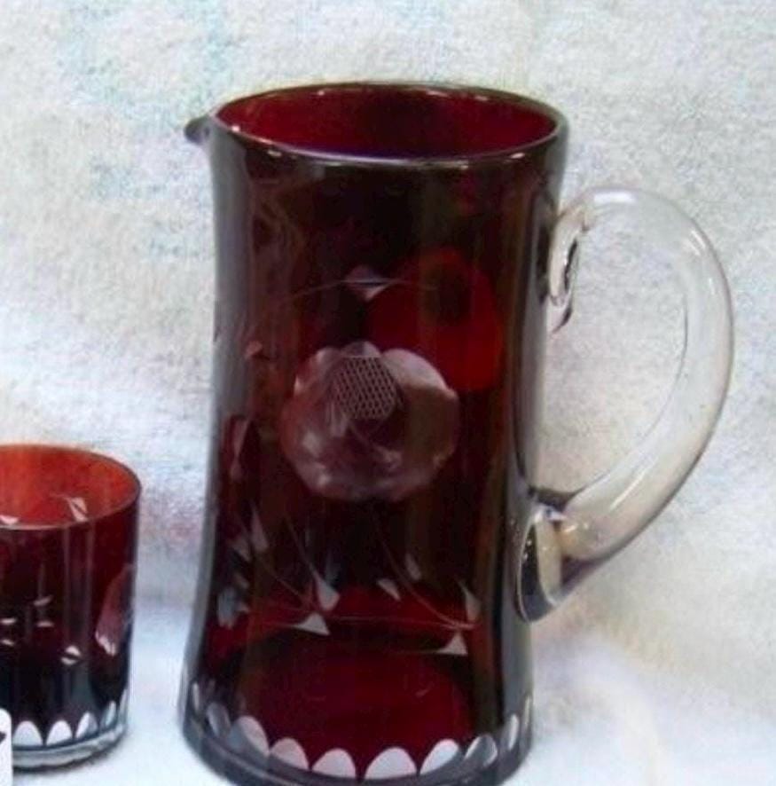 Ruby Red Bohemian Glass Pitcher Set: Cut to Clear with 6 Glasses