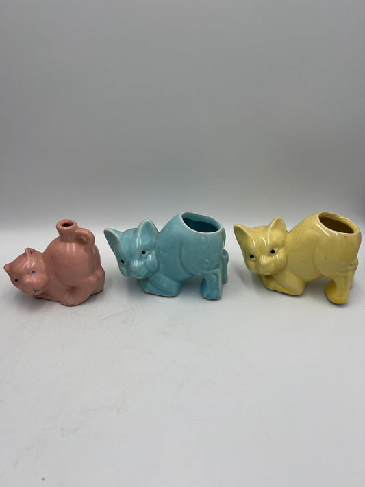 Vintage Cat Planters and Mini Bottles (Blue, Pink, Yellow, 3-4in)