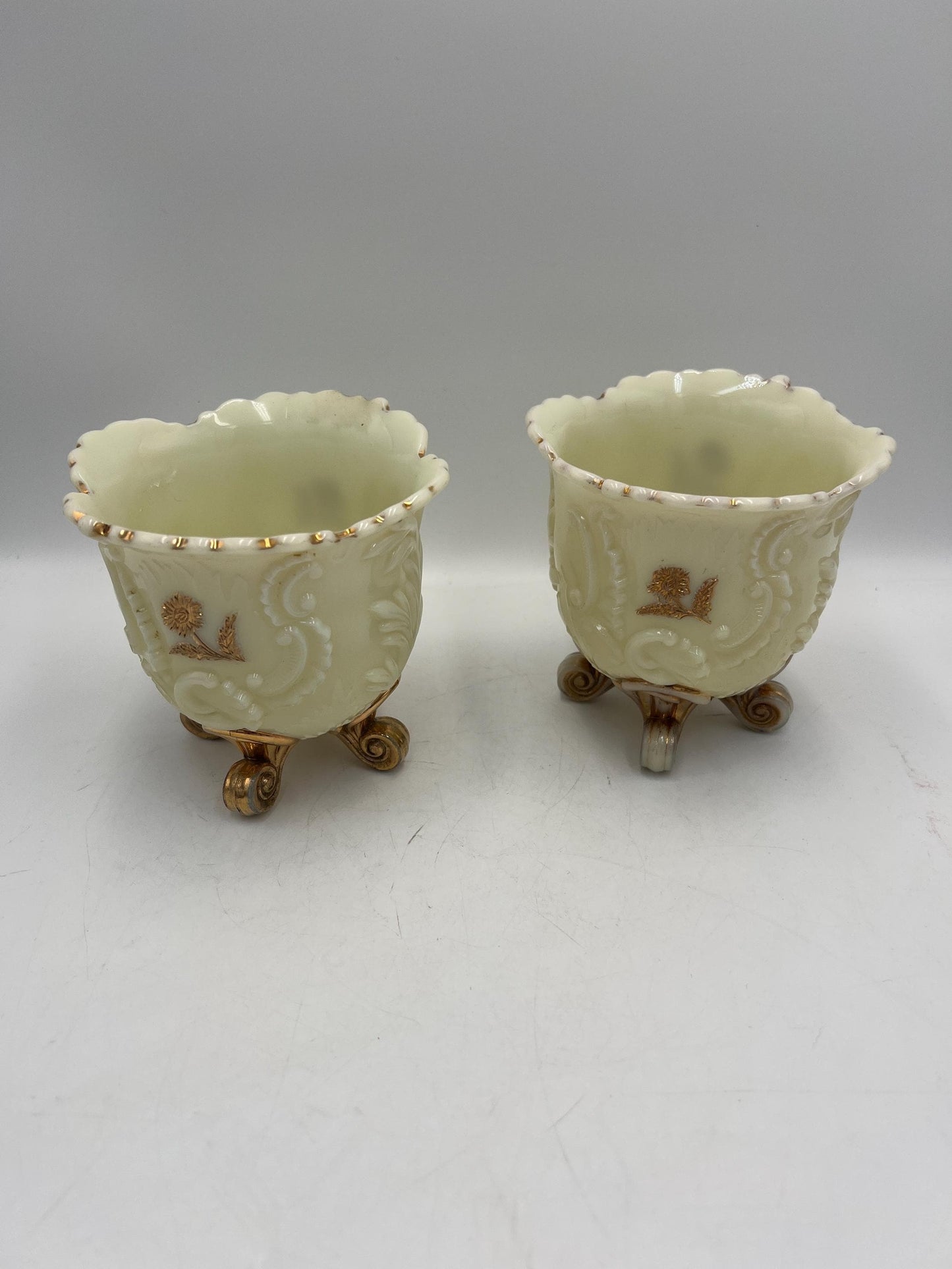 Northwood Louis XV pattern pair of custard glass footed spooner with gold gilt decoration