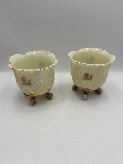 Northwood Louis XV pattern pair of custard glass footed spooner with gold gilt decoration
