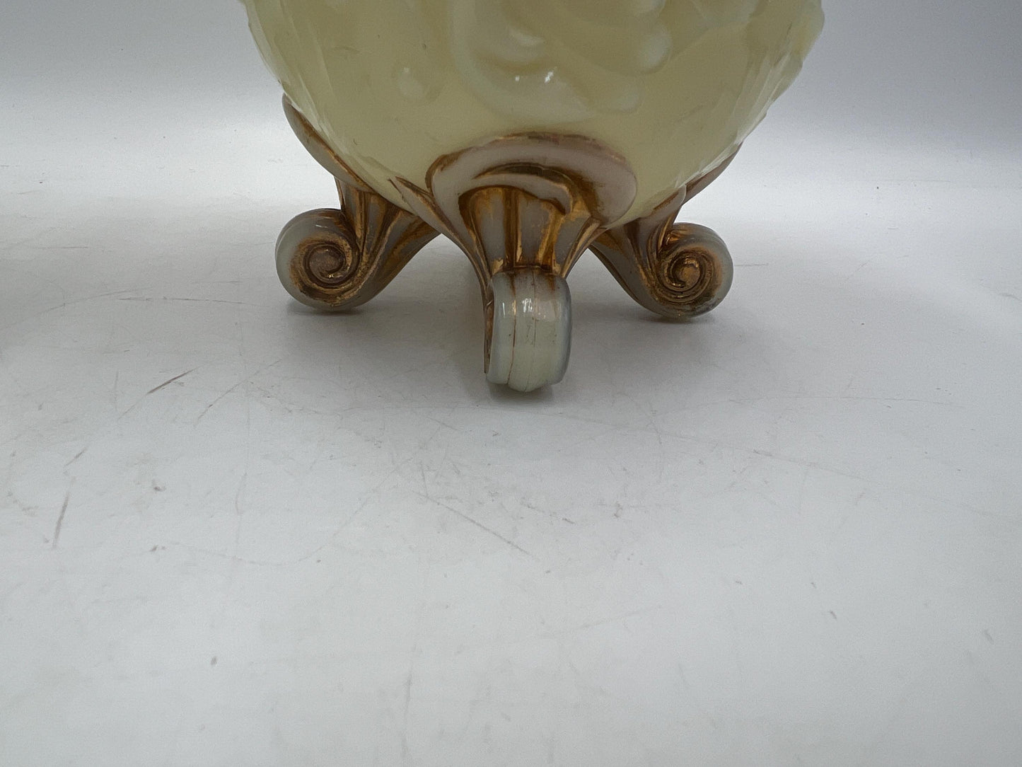 Northwood Louis XV pattern pair of custard glass footed spooner with gold gilt decoration