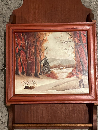 Mid-Century Wooden Wall Cabinet, Hand-Painted Winter Scene (Vintage 20")