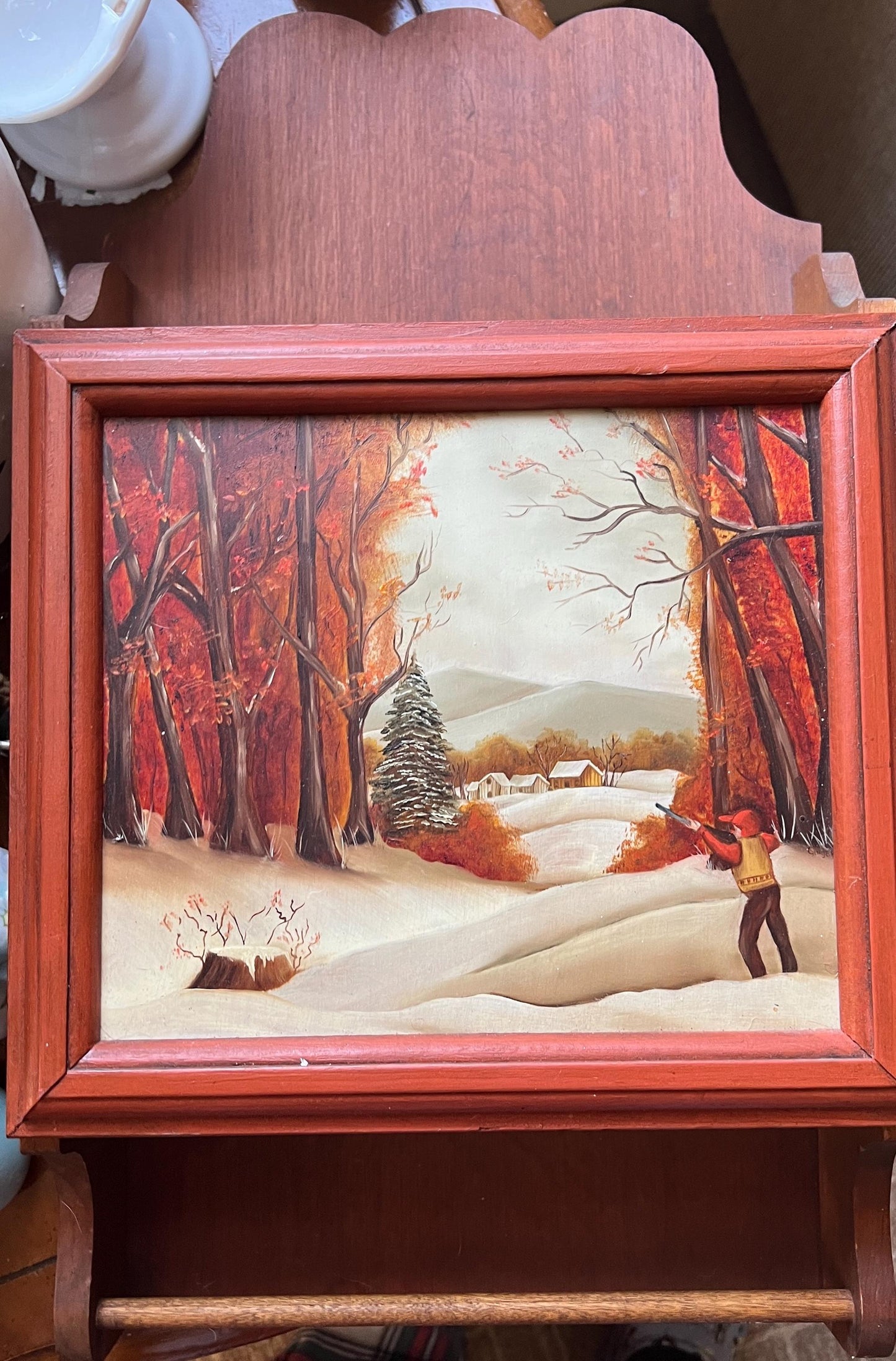 Mid-Century Wooden Wall Cabinet, Hand-Painted Winter Scene (Vintage 20")