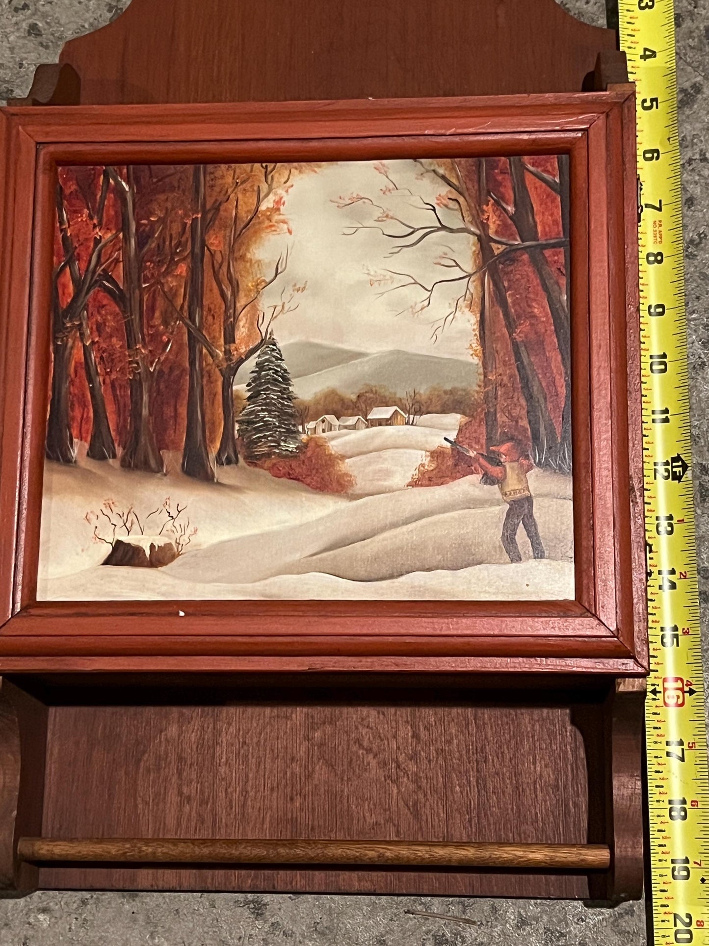 Mid-Century Wooden Wall Cabinet, Hand-Painted Winter Scene (Vintage 20")