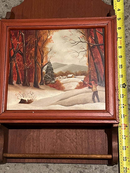 Mid-Century Wooden Wall Cabinet, Hand-Painted Winter Scene (Vintage 20")
