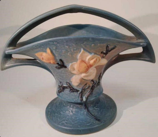 Roseville Blue Magnolia Vase - Vintage Handled Ceramic Pottery