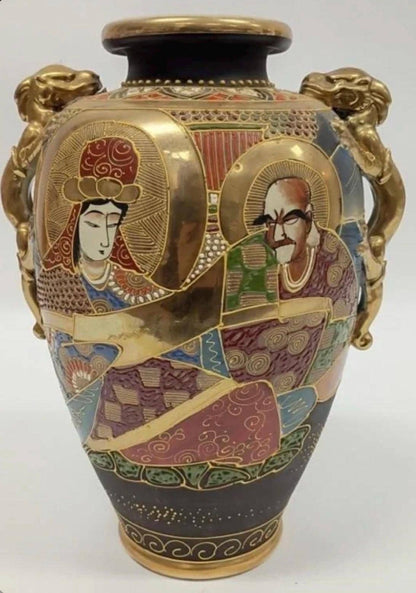 Japanese Satsuma Earthenware Vase with Dragon Adornments