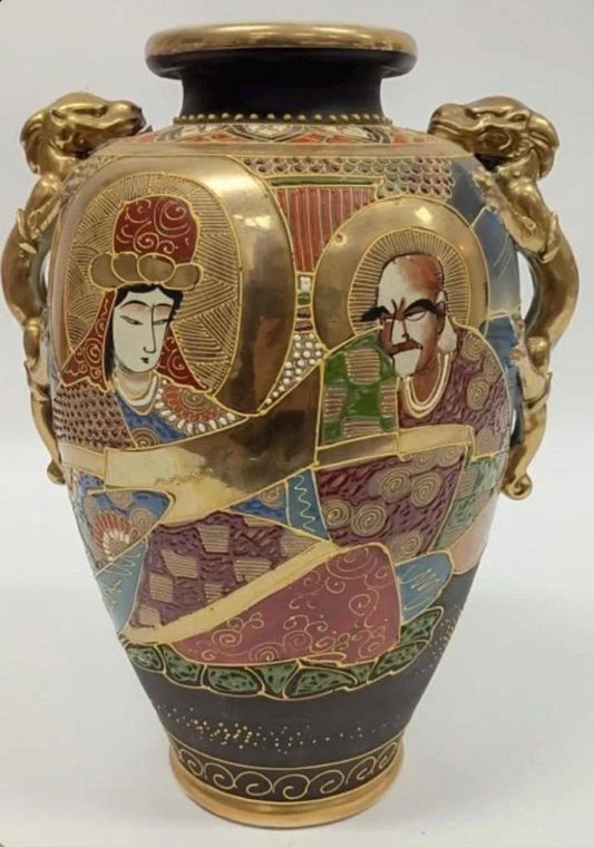 Japanese Satsuma Earthenware Vase with Dragon Adornments