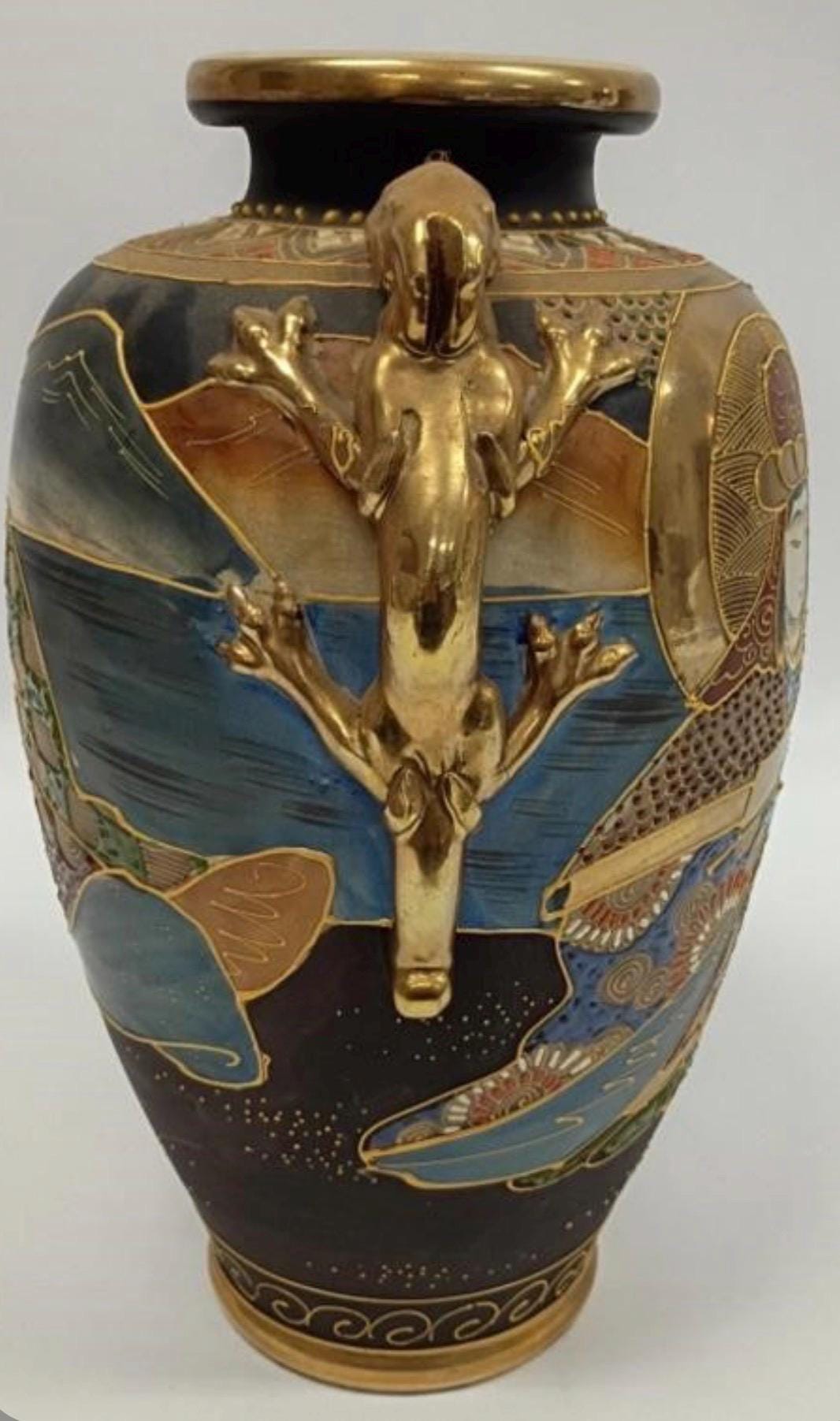 Japanese Satsuma Earthenware Vase with Dragon Adornments
