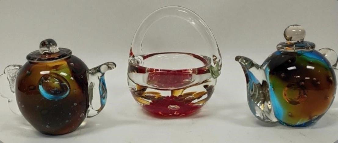 Art Glass: Teapots and Joe Rice Basket - Sold Individually