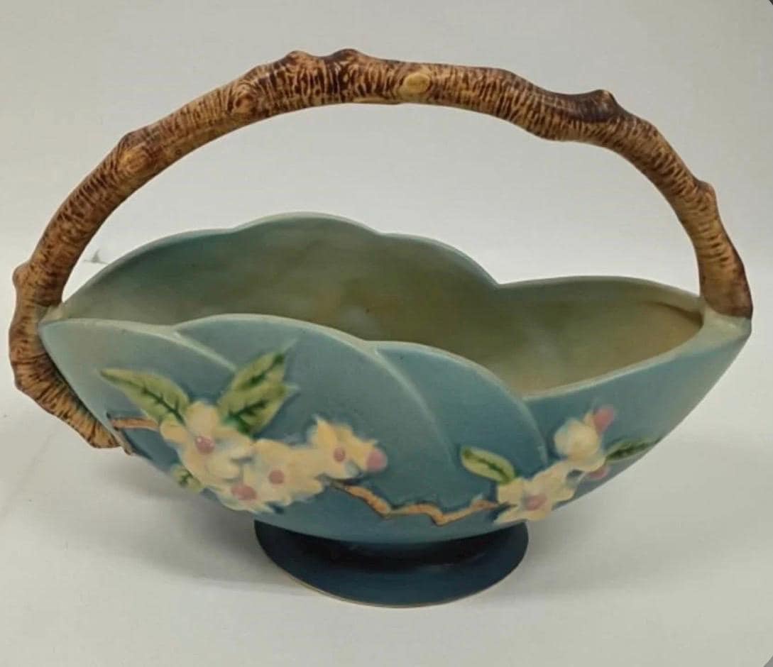 Roseville Blue 310-10" Apple Blossom Basket - Vintage Ceramic Pottery