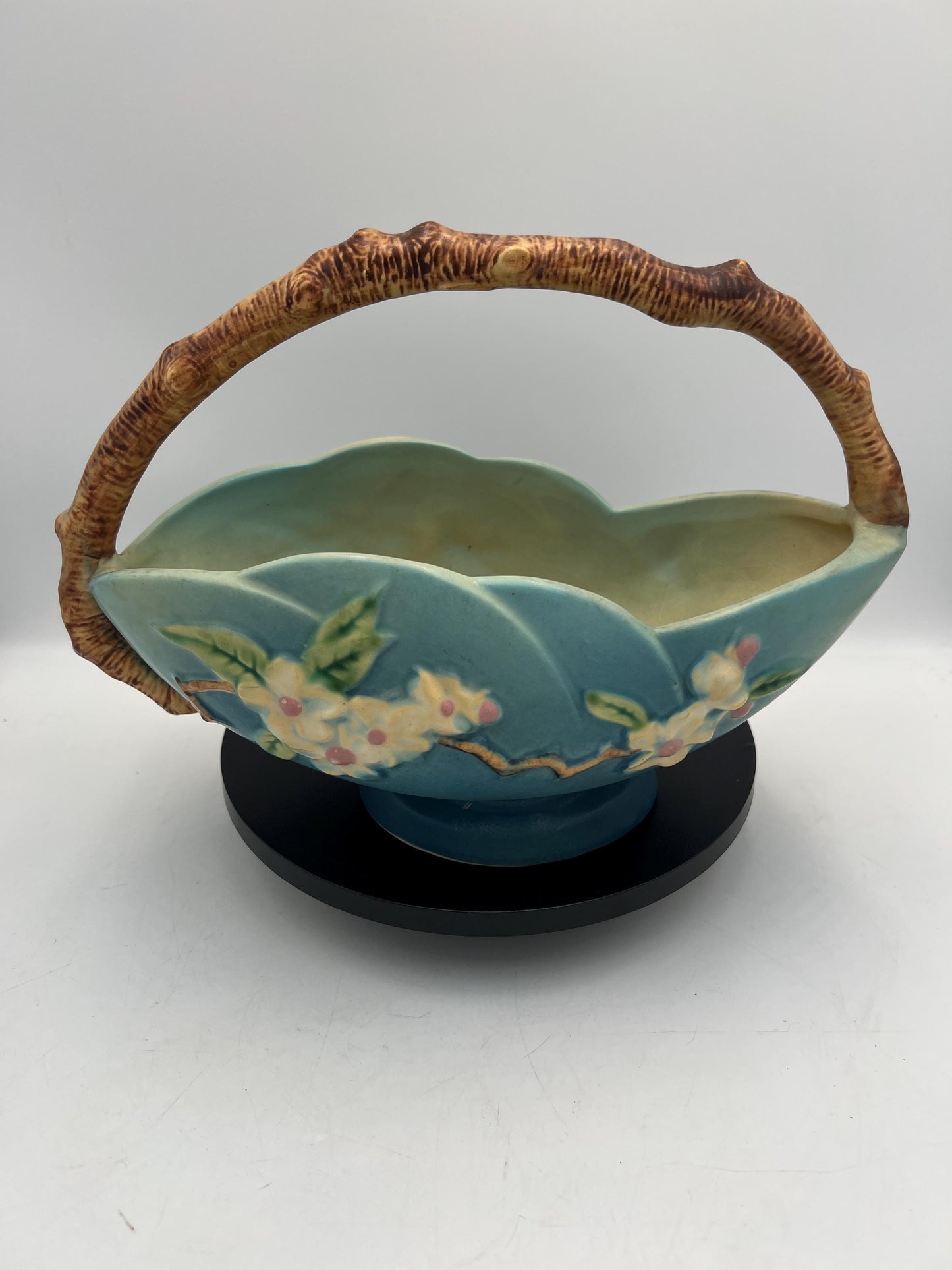 Roseville Blue 310-10" Apple Blossom Basket - Vintage Ceramic Pottery