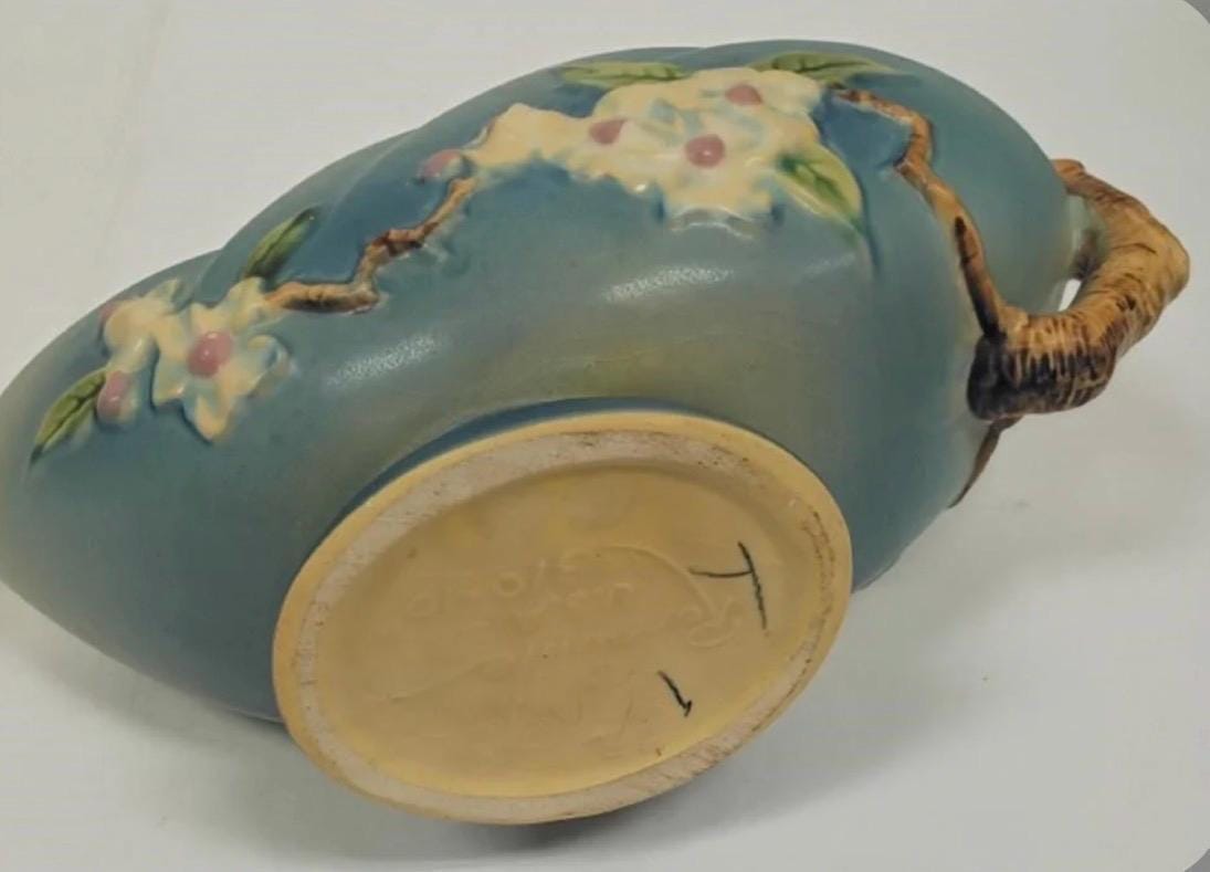Roseville Blue 310-10" Apple Blossom Basket - Vintage Ceramic Pottery