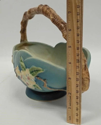 Roseville Blue 310-10" Apple Blossom Basket - Vintage Ceramic Pottery