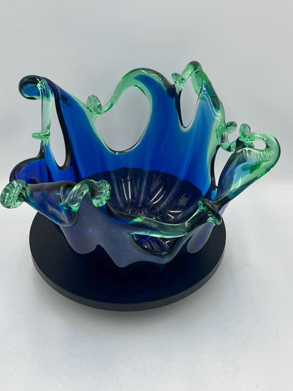 Murano Hand Worked Glass Centerpiece Bowl Cobalt Blue with Green Splash Design