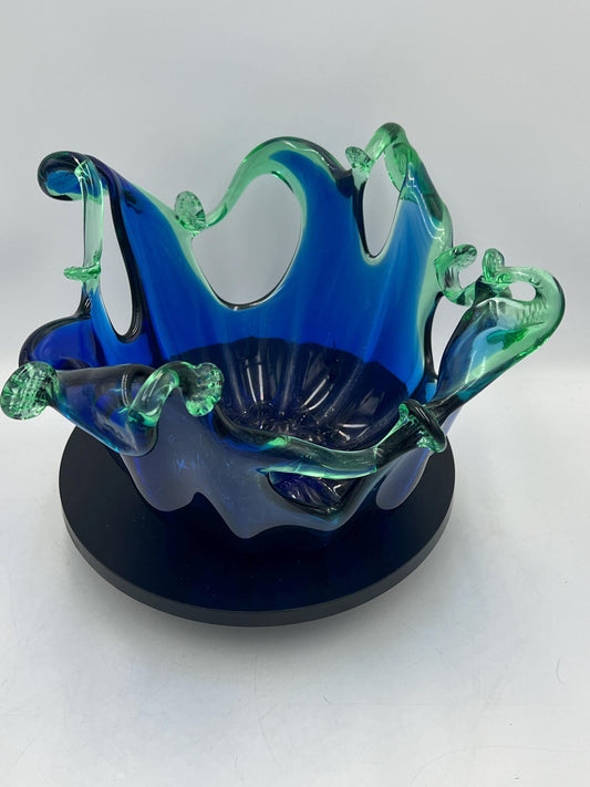 Murano Hand Worked Glass Centerpiece Bowl Cobalt Blue with Green Splash Design