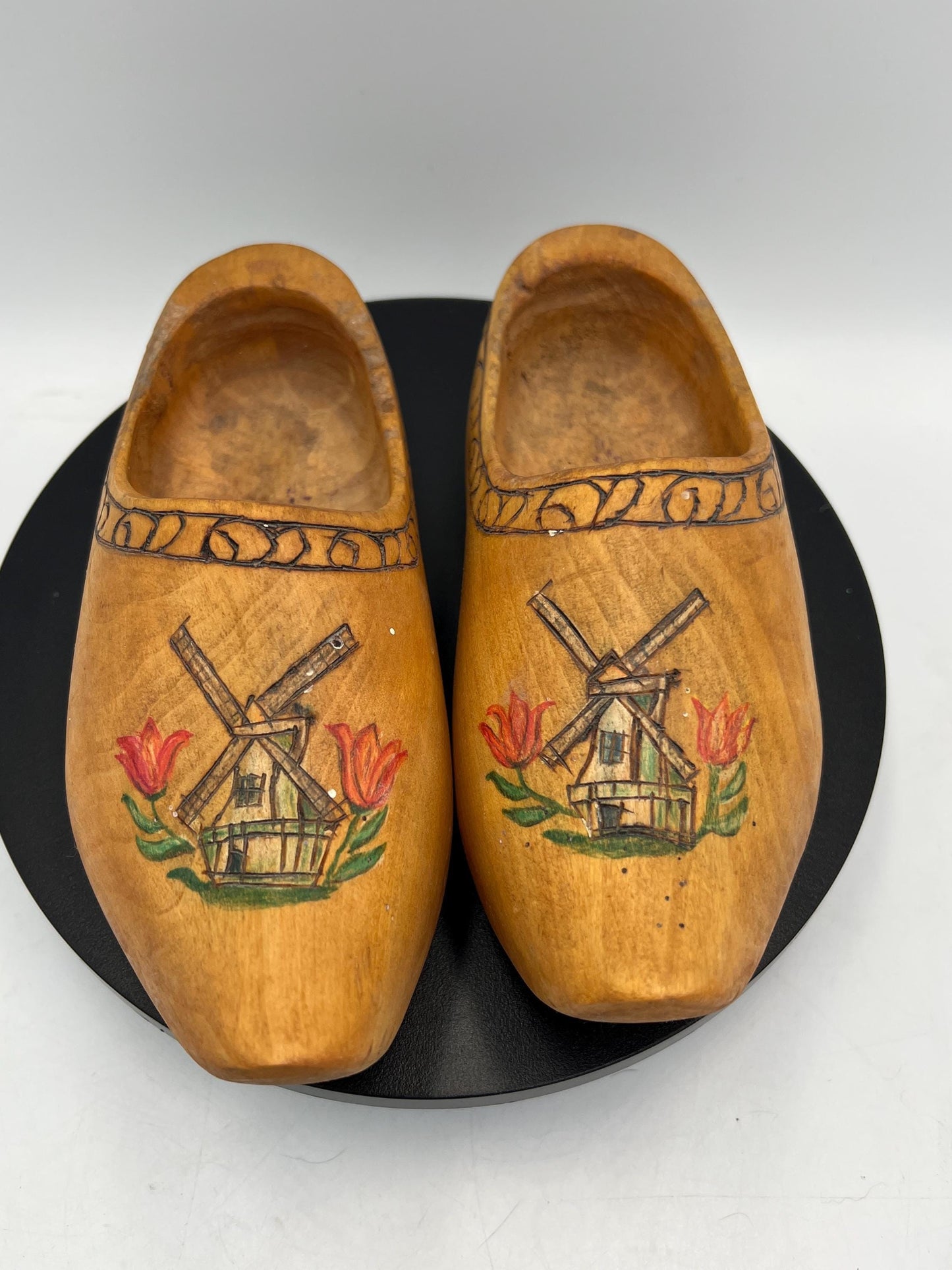 Vintage Pair Wooden Clogs Shoe Made in Holland Hand-Painted Windmill