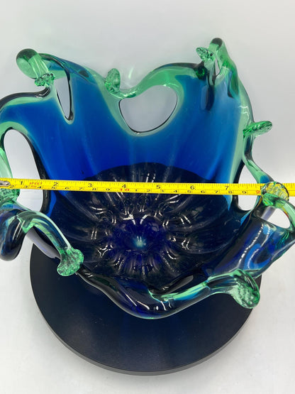 Murano Hand Worked Glass Centerpiece Bowl Cobalt Blue with Green Splash Design