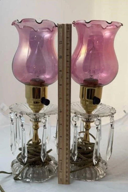 Antique Lamps with Crystals / prisms and Cranberry shade, Works well! Sold individually