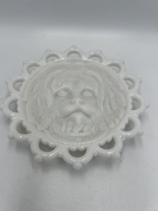 Woof-Woof Puppy Plate: White Opaline Milk Glass - Vintage Decor