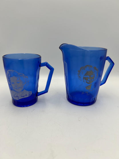 Shirley Temple Blue Glassware: Retro Drink Set (Pitcher, Mug, Tray, Bowl)