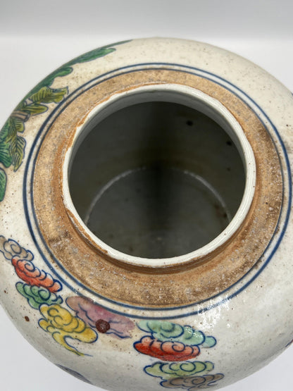 Chinese Chinoiserie Famille Verte on Cream Crackle Ginger Jar No Lid