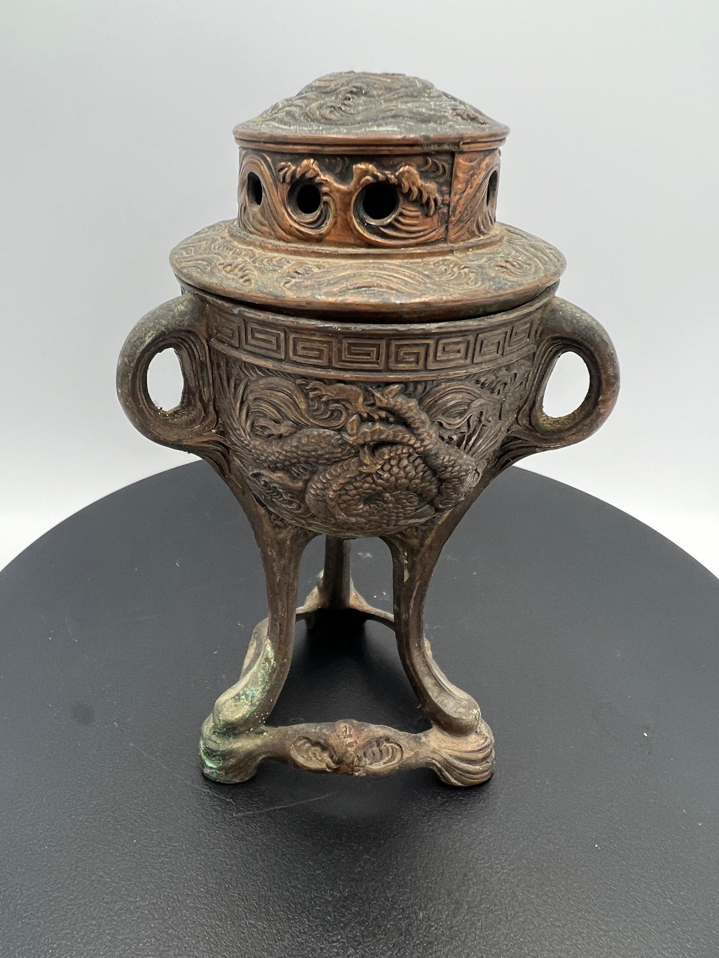 Ornate Bronze Censer: Dragon Design, 3-Footed Incense Burner