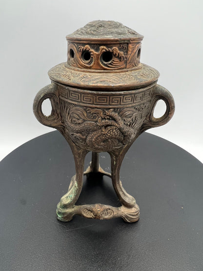 Ornate Bronze Censer: Dragon Design, 3-Footed Incense Burner