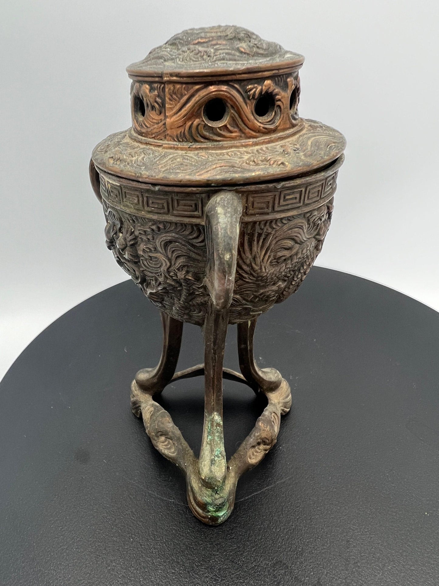Ornate Bronze Censer: Dragon Design, 3-Footed Incense Burner